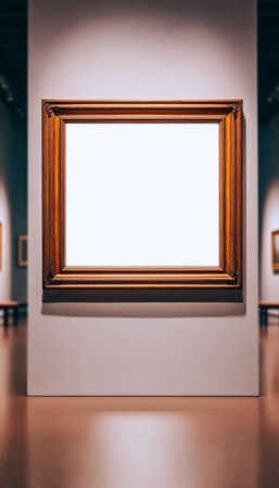 Elegant Blank Rectangular Art Frame Mockup Hanging on Wall in Spacious Grand Exhibit Hall Spaceの素材