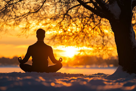 A Solitary Silhouette in Serene Winter Meditation, Finding Inner Peace at a Golden Sunset Landscapeの素材