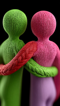 Two Stylized Figurines Embracing Each Other in a Harmonious Display of Unity and Connectionの素材