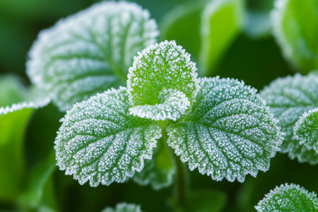 Fresh Mint Leaves Sparkling with Frost Under Early Sunrise A Beautiful Winter Garden Sceneの素材
