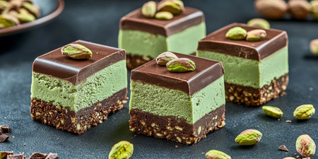 Delicious Pistachio Squares Topped with Rich Chocolate, Perfect for Any Special Celebration or Partyの素材