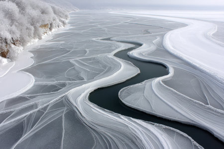 Winding River Flowing Through a Stunning Frozen Landscape with Unique Ice Patterns and Texturesの素材