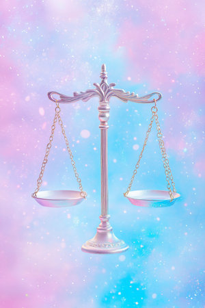 Surreal Pastel Tones of Justice Scales Creating a Contemplative Legal Backdrop for Presentationsの素材
