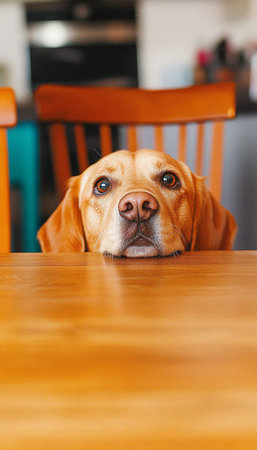 Golden Labrador Dog with Gentle Curiosity, Eyeing Delicious Treats on a Wooden Table Surfaceの素材