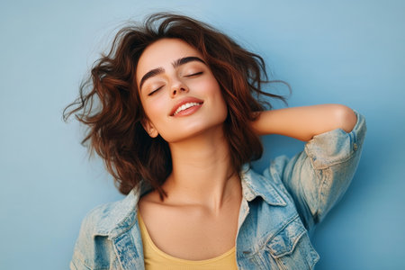 Cheerful Brunette Girl with Stylish Curly Hair Looking Up with Joy on a Blue Surface Backgroundの素材