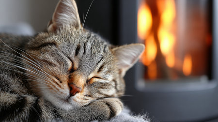 Charming Tabby Cat Relaxing by the Fireplace, Embracing Winter Warmth in a Cozy Indoor Settingの素材
