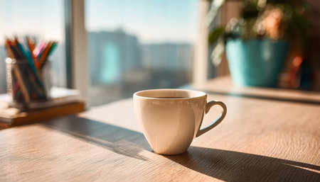 A Cozy Moment Enjoying Hot Coffee on a Light-Colored Wooden Table in a Modern Home Office Settingの素材