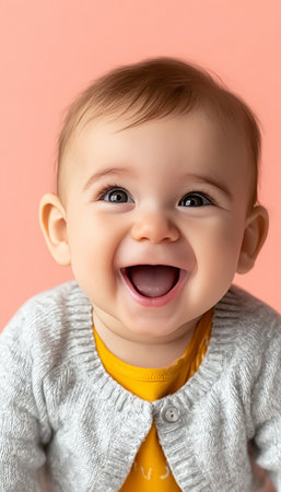Joyful baby with a radiant smile and sparkling eyes, embodying pure innocence and happiness.の素材