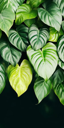 Close-Up of Philodendron Foliage with Lush Green Leaves, Botanical Detail, and Nature Backgroundの素材