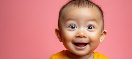 Joyful Asian Toddler Smiling Brightly in Studio Light, Capturing Innocent and Cheerful Momentsの素材