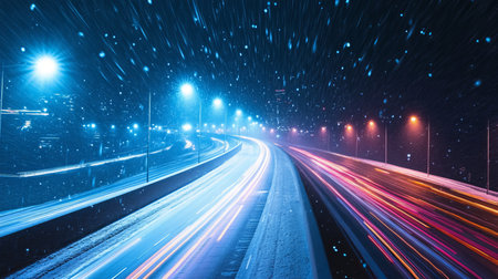 Aerial view of a vibrant cityscape at night with highways illuminated by colorful streaks of lights.の素材