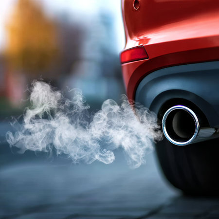 Environmental Pollution Visible in Exhaust Gases from Red Car s Tailpipe Amidst Smoggy Conditionsの素材