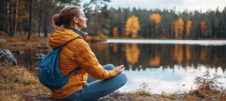 Woman Meditates in Autumn Woodland by a Serene Lake, Practicing Mindfulness and Deep Relaxationの素材