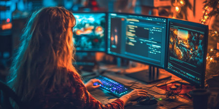 Female Tech Expert Using Advanced Displays and Peripherals for Efficient Coding Solutionsの素材
