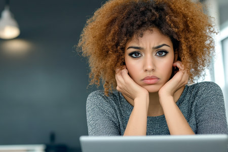 Frustrated young businesswoman in gray sweater working on laptop, feeling sad while problem-solving.の素材