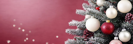 Elegant Christmas Scene Featuring a Frosted Tree Adorned with Red and White Ornaments and Giftsの素材
