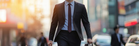 Confident Urban Professional in Sleek Attire with Briefcase Walking through Cityscape Avenuesの素材