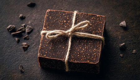 Artisanal Soap Cube with Unique Speckled Texture Tied with Twine on a Matte Surface for Bath Useの素材