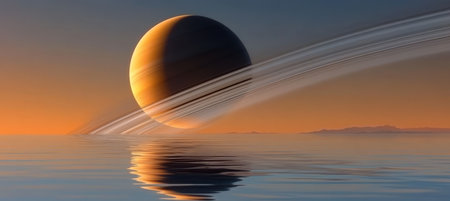 A Stunning Otherworldly Dawn Over Majestic Planetary Sunrise Rings Reflected on Tranquil Waterscapeの素材
