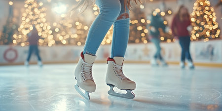 Graceful figure skater gliding across a beautiful winter wonderland ice rink, capturing festive joy.の素材