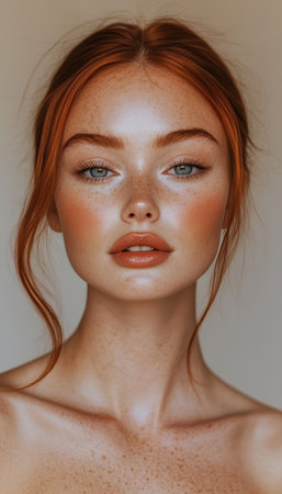 Stunning Portrait Of A Young Red-haired Woman With Bright Blue Eyes, Freckles, And Bold Lipstickの素材