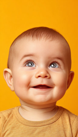 Adorable baby gazes upward against a vibrant backdrop, radiating pure happiness and innocence.の素材