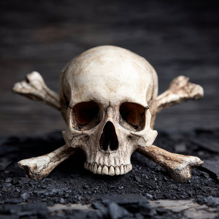 Artistic Human Skull and Crossbones on Dark Ground for Halloween Themes and Educational Purposesの素材