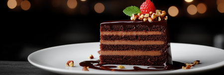 Decadent Chocolate Layer Cake with Rich Ganache, Fresh Raspberries, and Crunchy Hazelnuts Toppingの素材