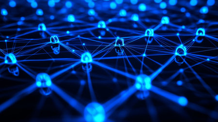 Futuristic global network with glowing spheres and dynamic data flows for digital connectivity.の素材