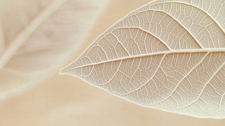 Intricate Close-Up of Translucent Skeleton Leaves with Detailed Vein Patterns on Beige Backgroundの素材