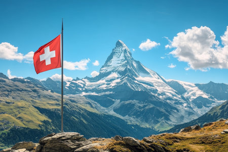 Breathtaking View of the Swiss Alps with Majestic Matterhorn Peak Under Clear Blue Sky and Snowの素材