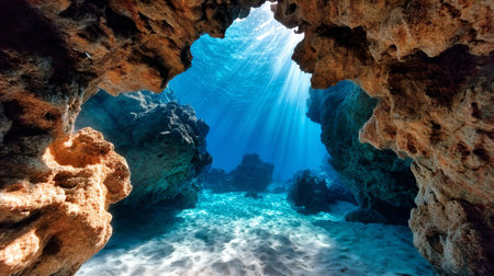 Sunlit Serenity Rays Illuminate a Magical Underwater Cave and Tunnel in Mediterranean Paradiseの素材