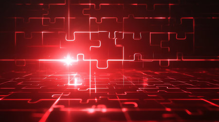 Complexity with Jigsaw Pieces Glowing on Background, Technological Challenge Solution Concept, Ideaの素材