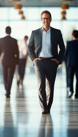 Confident businessman in a suit walking purposefully, showcasing strong leadership and vision.の素材