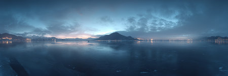 A Tranquil Evening Landscape Frosty Serenity Over a Calm Lake with a Stunning Atmospheric Horizonの素材