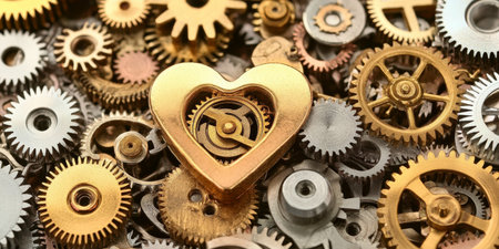 Intricate Metal Gears Forming a Heart, Symbolizing Teamwork and Romance in Industrial Designの素材