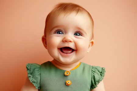 Adorable Baby Girl with Innocent Smile Gazing Upwards, Capturing Pure Joy and Childlike Wonderの素材