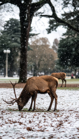 Graceful wildlife gracefully navigating through the snowy landscape of the park in winter s embrace.の素材