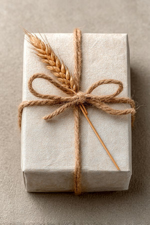 Beautifully Wrapped Eco-Friendly Gift with Natural Jute Twine and Wheat for Minimalist Celebrationsの素材