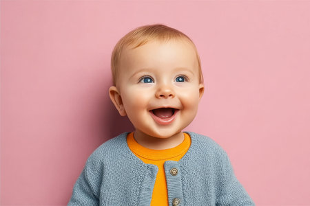 Joyful Ten-Month-Old Baby Smiling in a Grey Cardigan and Orange T-Shirt Against a Pink Backgroundの素材
