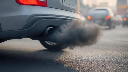 Vehicle Emitting Dark Smoke in Urban Traffic, Highlighting Air Pollution and Environmental Issuesの素材
