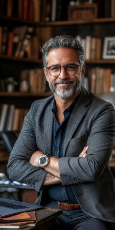 Executive Manager in Business Casual Attire, Thoughtful and Relaxed, Showcasing Leadership Skillsの素材