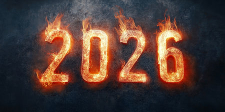 Dramatic Inferno A Fiery Countdown to 2026, Flames Engulfing the Date Against a Dark Smoky Backdropの素材