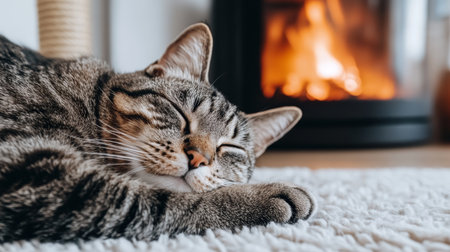 A tranquil tabby cat napping by the warm fireplace, enjoying cozy home comfort and serenity.の素材