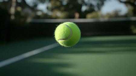 An Energetic Tennis Match Captured with a Vibrant Green Tennis Ball Mid-Flight on a Lush Courtの素材