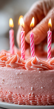 Joyful Birthday Celebration Captured Hand Lighting Candles on Pink Frosted Cake, Nostalgic Momentsの素材
