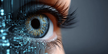 Close Up of Human Eye with Digital Circuit Board Design Reflecting Technology and AI Conceptsの素材