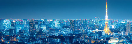 Aerial Nighttime View of a Vibrant Metropolis with Tower Lights Illuminating the Urban Landscapeの素材