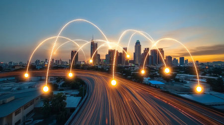 Futuristic Urban Connectivity at Twilight Innovative Cityscape with Advanced Communication Networksの素材