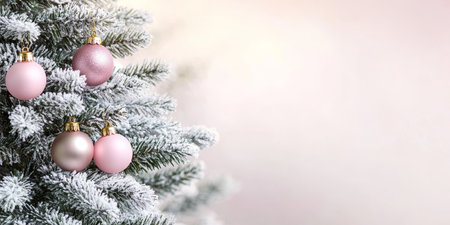 Beautifully Decorated Christmas Tree with Frosted Branches, Pink and Gold Ornaments, and Lightsの素材